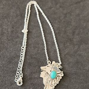 Silver Wolf Pendant Necklace with Turquoise Stone